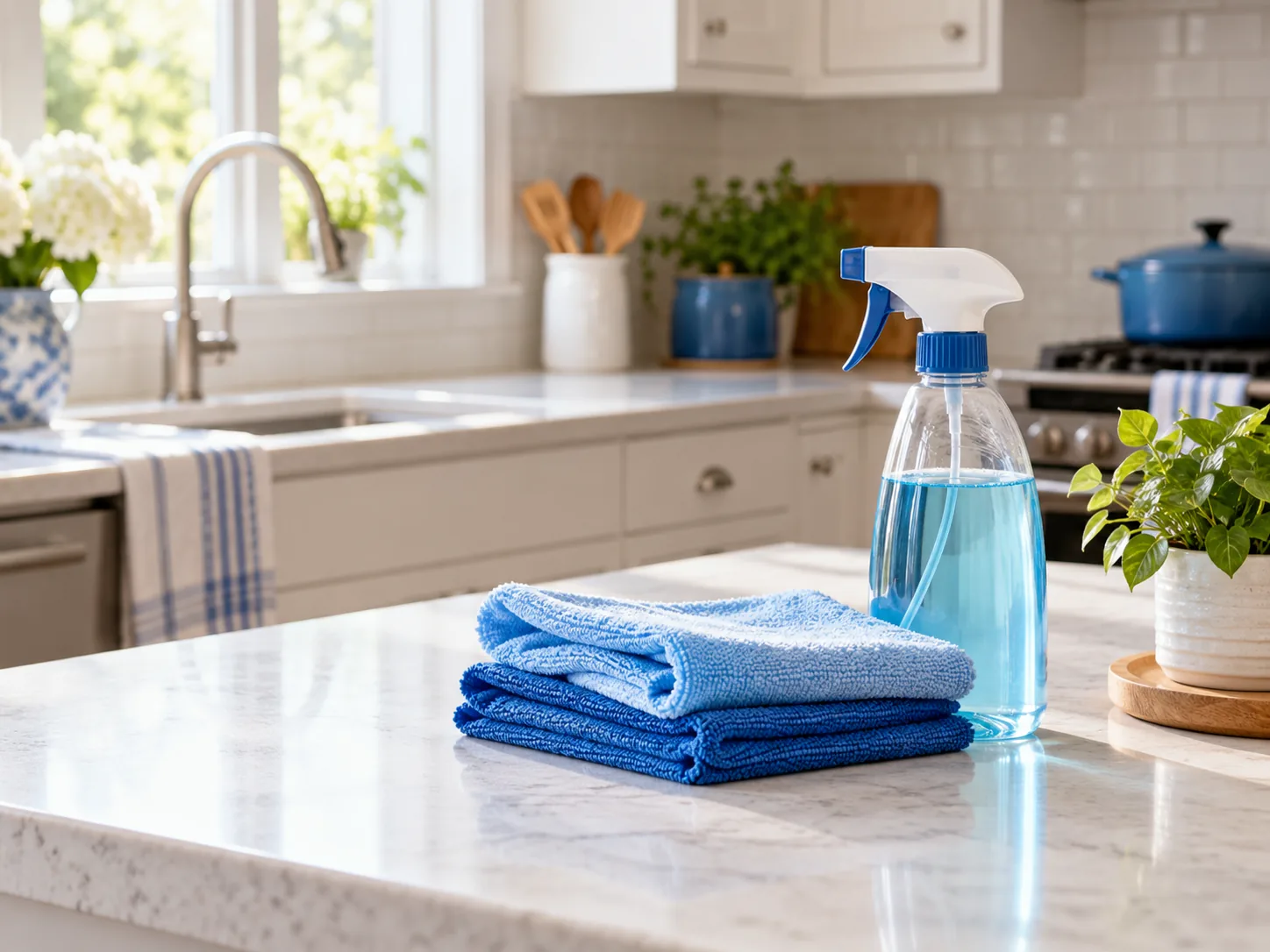 A bright kitchen counter with blue cleaning cloths and supplies, ready for a fresh start.